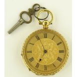 A Swiss 18ct gold open faced keywind fob watch, fl