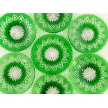 A set of 8 green overlay cut-glass dishes, diamete
