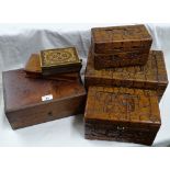 3 Oriental carved wood boxes, brass bound box with