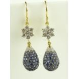 A fine pair of 18ct gold sapphire and diamond drop