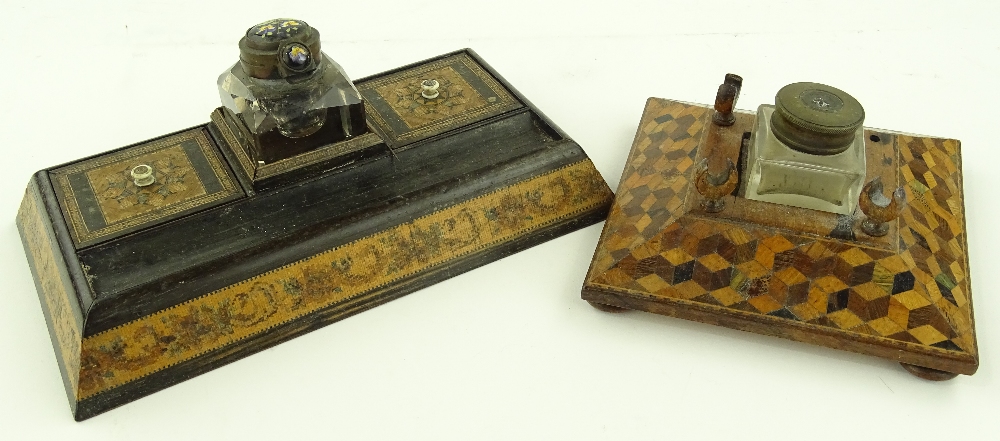 2 Victorian Tunbridgeware ink stands, cube parquet