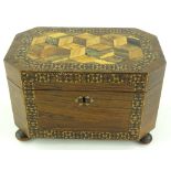 A 19th century Tunbridgeware tea caddy, cube parqu