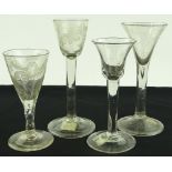 4 - 18th century cordial glasses, including a flor