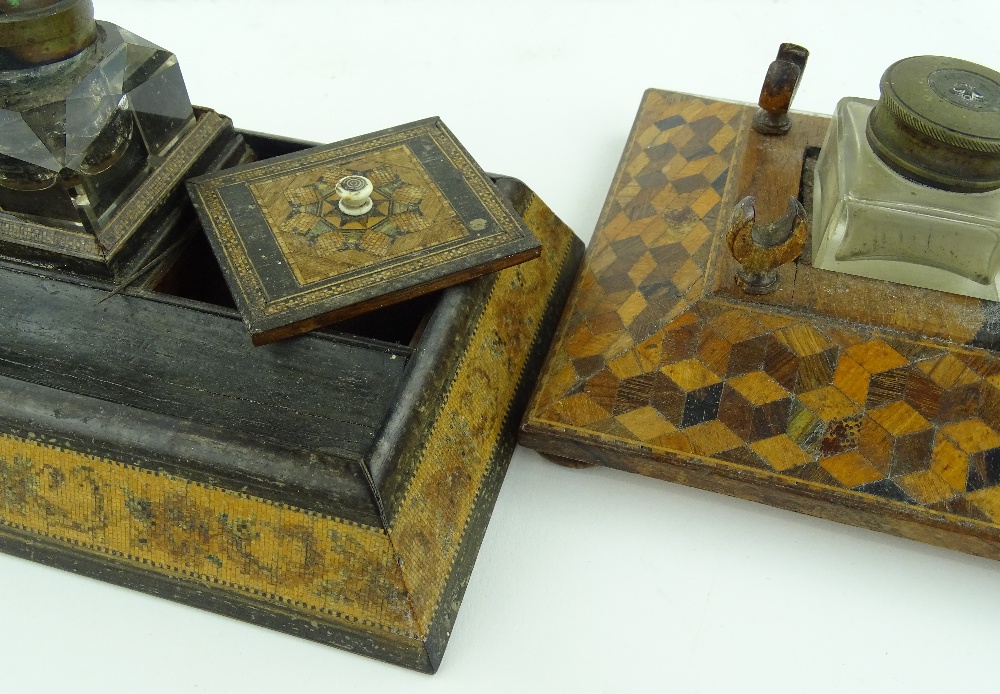 2 Victorian Tunbridgeware ink stands, cube parquet - Image 2 of 3