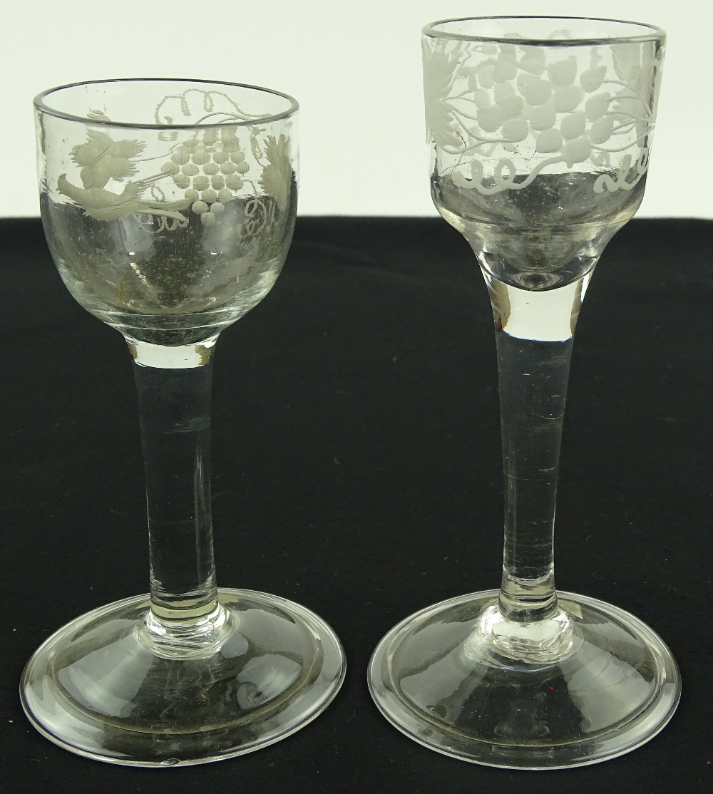 2 - 18th century cordial glasses with engraved gra