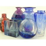 6 pieces of coloured Studio glass, largest vase he