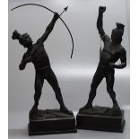 Pair of bronze patinated spelter warrior figures,
