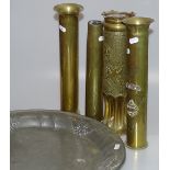 4 First War period trench-art brass vases and an A