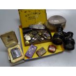 Box containing Victorian brass binoculars, gramoph