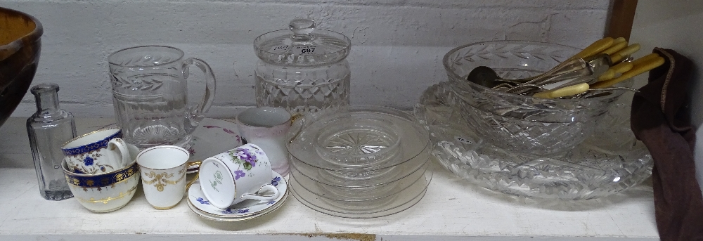 A cut glass jar, mug, cabinet cups and saucers etc