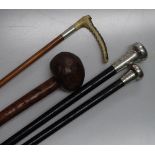 2 silver-topped walking canes, a knobkerry and a s