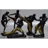 4 Oriental bronze fighting figures, height 7"