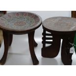2 African tribal carved wood stools, with inset co