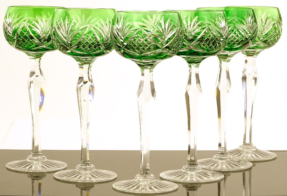 A set of 6 green overlay cut-glass hock glasses, h