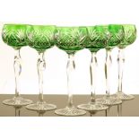 A set of 6 green overlay cut-glass hock glasses, h