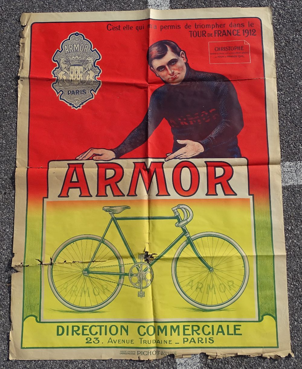 An extremely rare 1912 cycling poster for Armor Ra