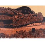 Robert Tavener, colour linocut, Chanctonbury Ring