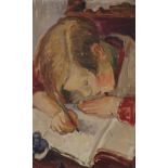 An early 20th century oil on panel, child studying