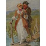 A 19th century watercolour, a courting couple on a