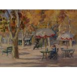 French School, oil on canvas, park cafe scene