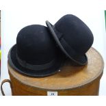 A large bent laminate wood hatbox and 2 bowler hat