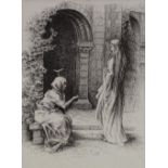 A 19th century pre-Raphaelite etching, beggar and