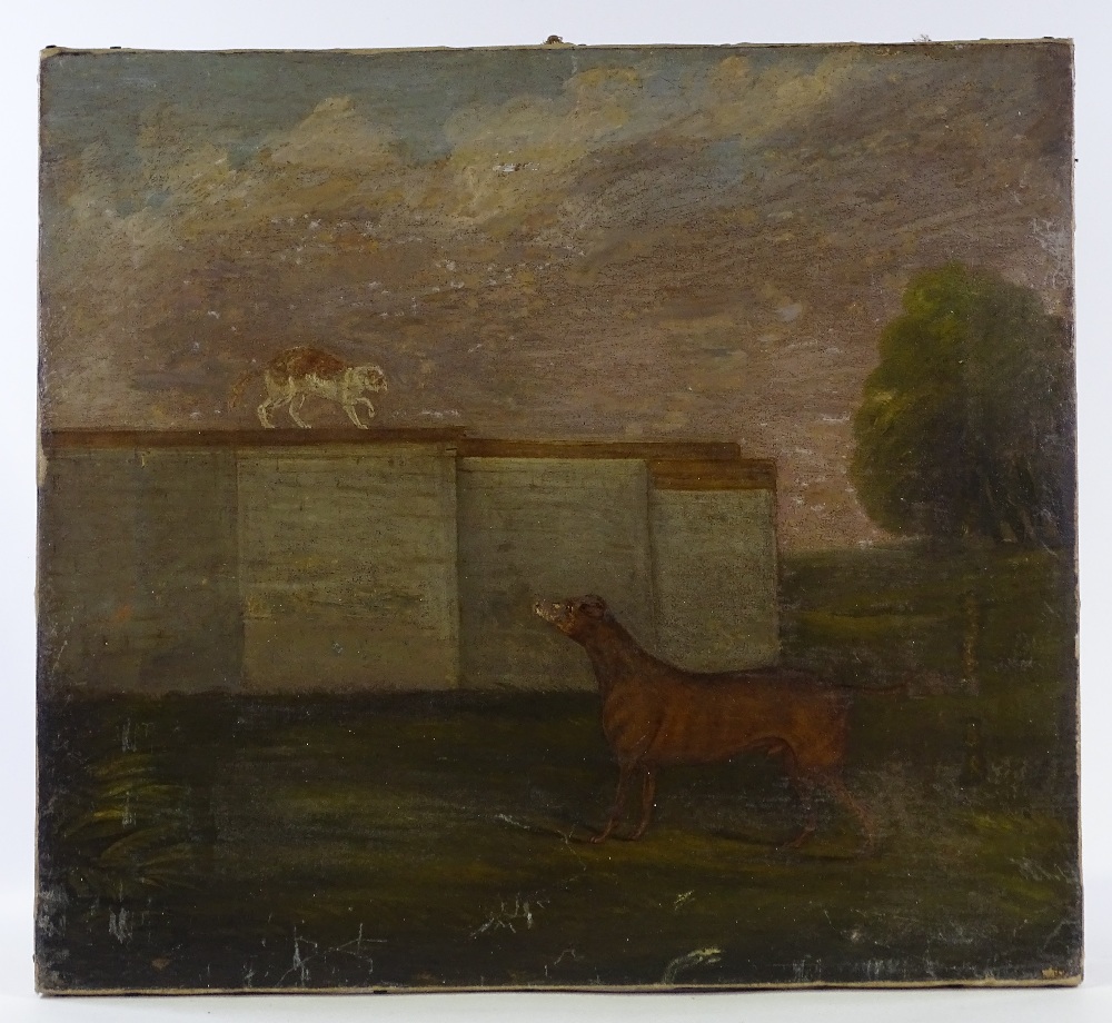 An 18th century oil on canvas, cat watching a dog, - Image 2 of 4