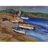 Scottish School, acrylic on board, beached boats a