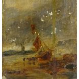 An oil on oak panel, beached fishing boat, unsigne