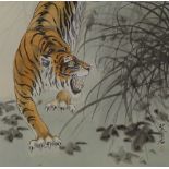 Chinese School, a set of 3 watercolours, tigers, s