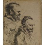 Rembrandt etching, 3 old men, 4" x 3.25", framed