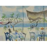 Audrey Bergner (born 1927), watercolour, cafe scene Tel Aviv,