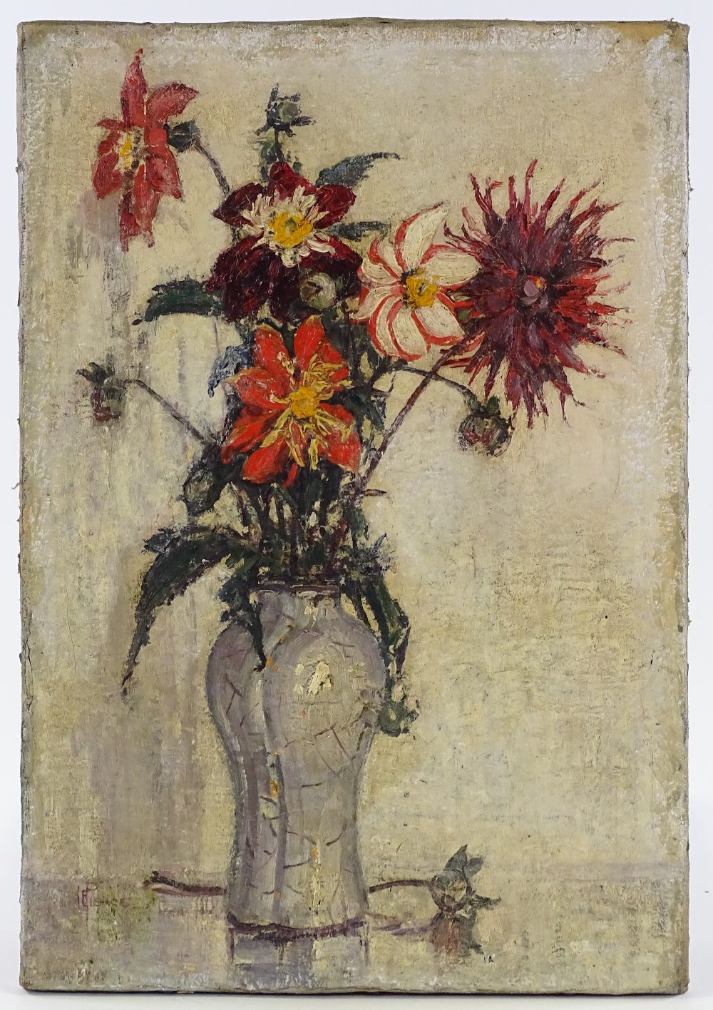 L Pierce, oil on canvas, still life flowers, early