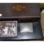 A mother-of-pearl inlaid box, a pewter box and 2 o