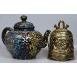 An Oriental cloisonne enamel teapot, length 10", a