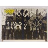 Robert Tavener, lino-cut print, pollarded trees, a