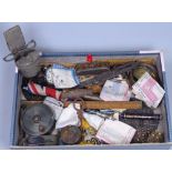 A box containing Vintage fishing reels, a pocket w