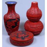 3 pieces of Chinese cinnabar lacquer, vase height