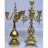 A Victorian brass 4-branch candelabra, height 15",