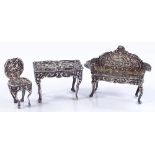 3 miniature silver doll's house furniture items, a