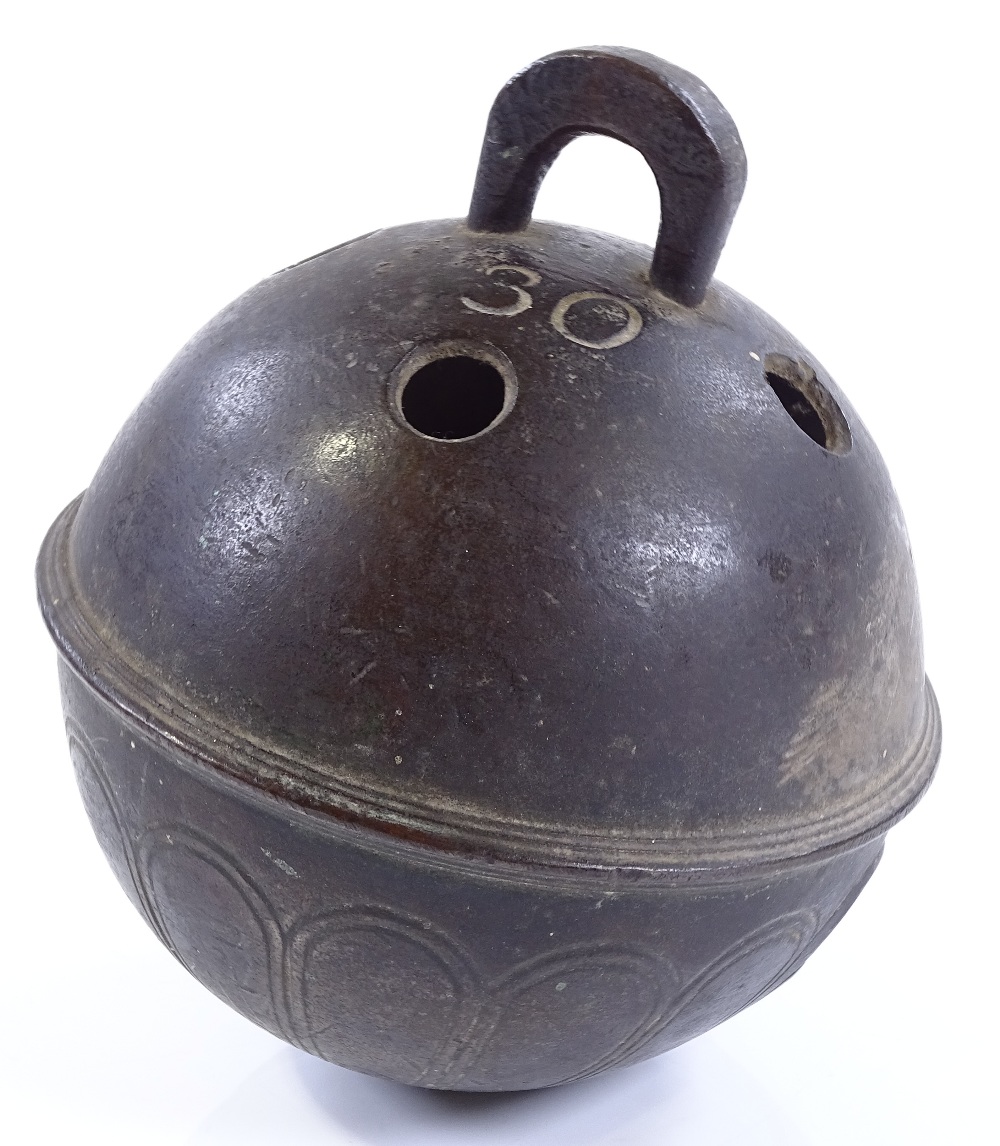 A large 18th century bronze bell with engraved ini