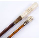 A hardwood walking cane with carved bone handle, a