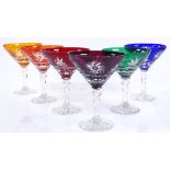 A set of 6 harlequin coloured wine glasses, diamet