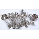 Various silver teaspoons, a napkins ring, sugar ni