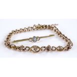 A 9ct gold curb link diamond and pearl bracelet, 7