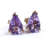 A pair of 9ct gold pear-cut amethyst earrings, hei