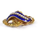 An unmarked gold blue enamel and pearl brooch, wit