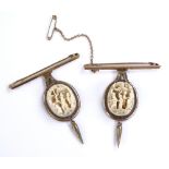 2 carved ivory panel brooches, mounted on 9ct gold
