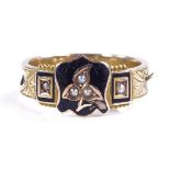 A Victorian 9ct gold black enamel and seed pearl m