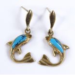 A pair of 9ct gold and turquoise dolphin design ea